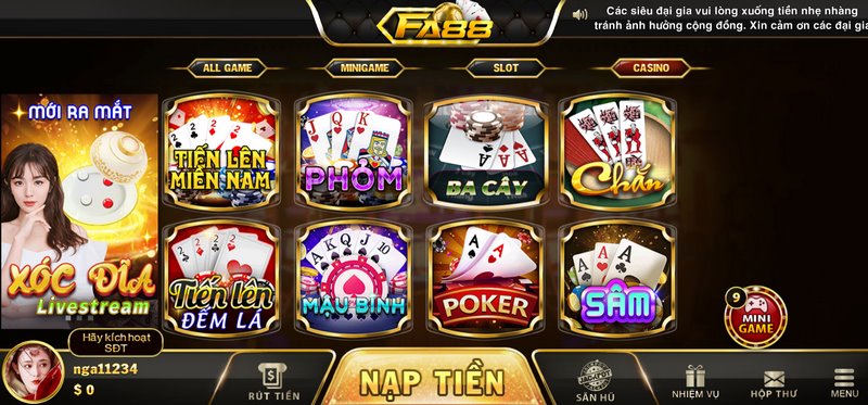 Cổng game có đa dạng game bài để người chơi lựa chọn và nhận thưởng