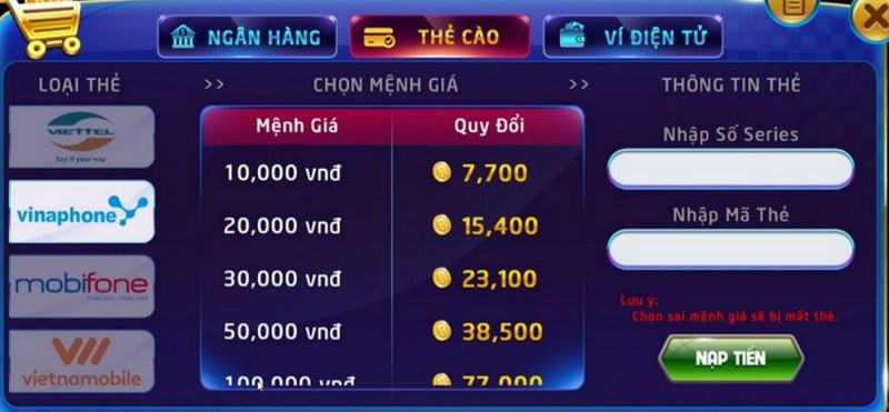 Đa dạng hình thức nạp tiền tại cổng game