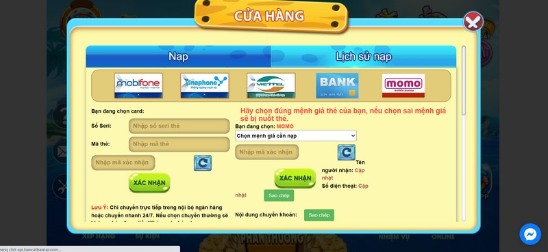 Giao dịch nạp rút tiền tại trang game được thực hiện không mất phí