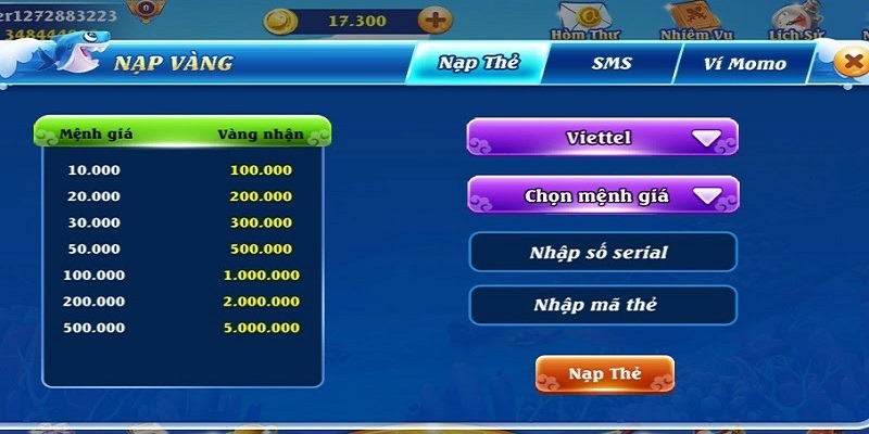 Hướng dẫn nạp tiền vào cổng game Triệu vân bắn cá cho người mới